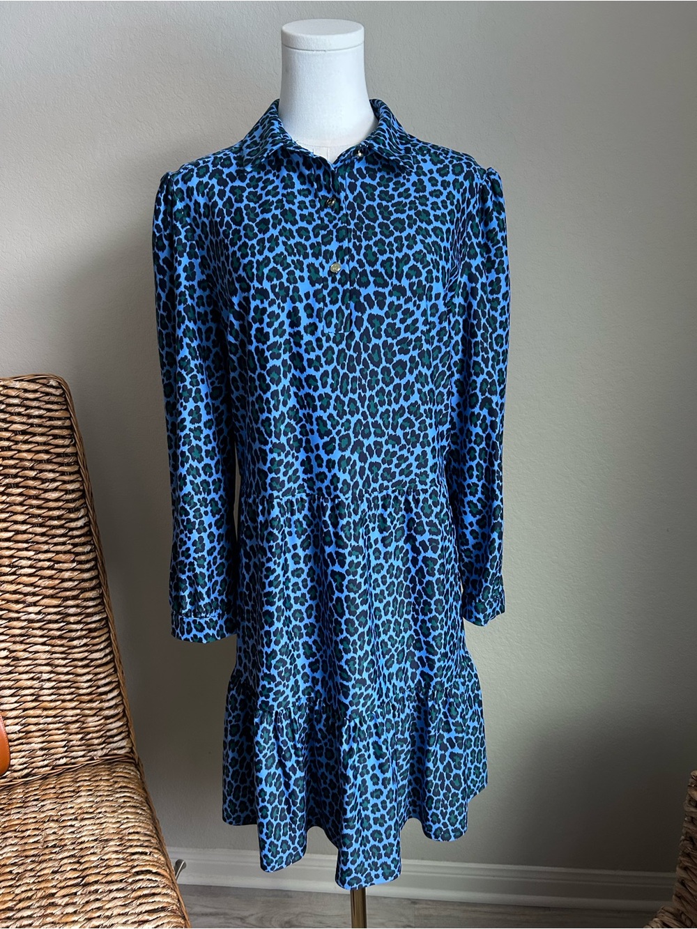 Jude Connally Blue Leopard Print Long Sleeve Tiered Dress